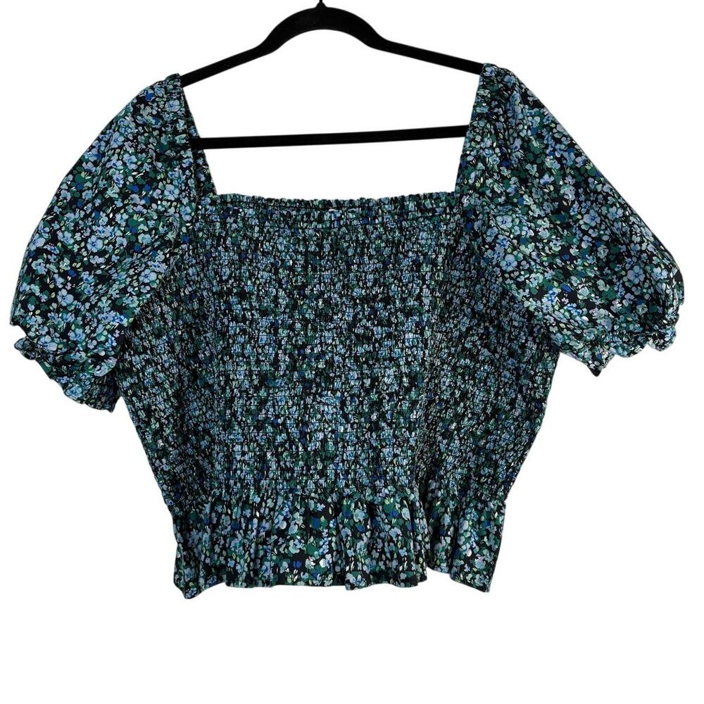 J.Crew Factory Blue Floral Smocked Poplin Cropped Blouse Puff Sleeve Top 3X